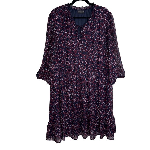 Lane Bryant Plus Size 24 Maroon Ditsy Print Floral Ruffle Hem 3/4‎ Sleeves - Picture 1 of 11